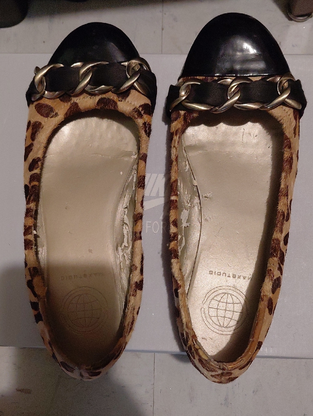 Max Studio Leopard Print Ballet Flats with Black Cap Toe & Gold Chain